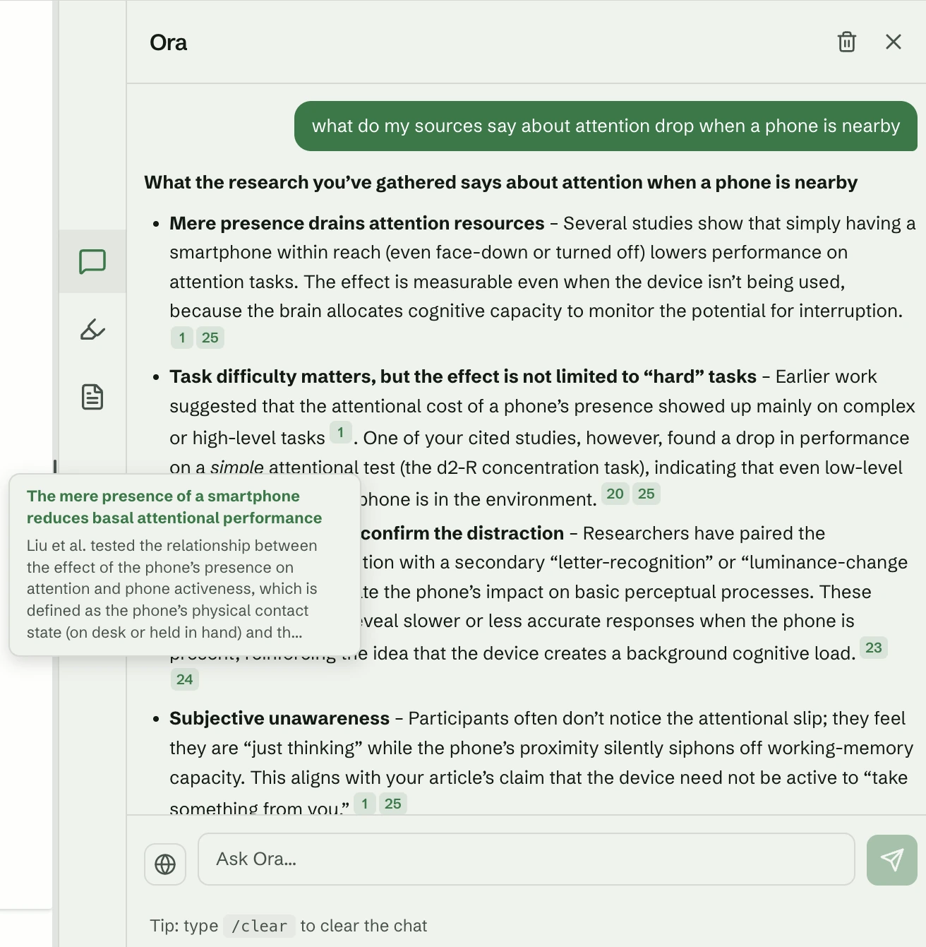 Ora answering a question with citations back to the source